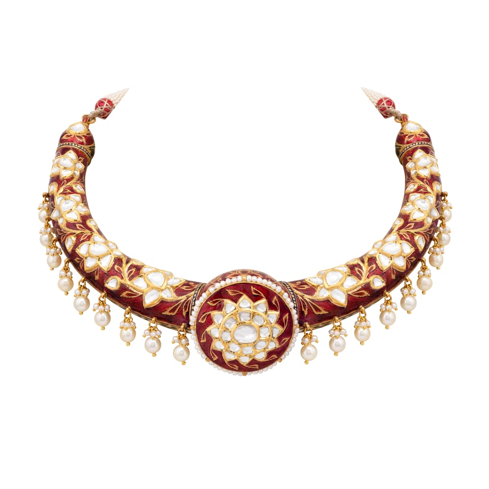 Floral Polki Hasli in Red Enamel with Pearl Drops